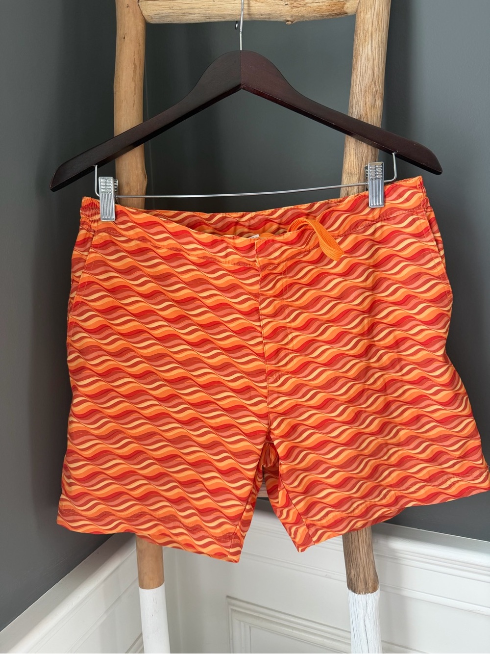 Bright Orange Wavy Pattern Swim Shorts